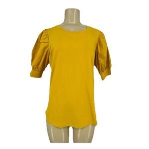 NEW Chico’s Small Women Cotton Blend Smocked Elbow Sleeve Top Yellow 48-6